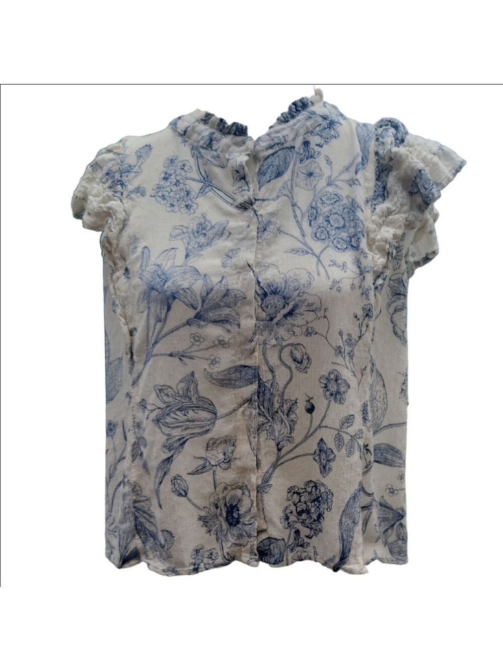 Rachel Blue and White Ruffled Mandarin Collar Blouse